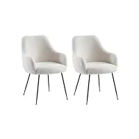vente-unique - lot de 2 chaises avec accoudoirs en tissu bouclette et métal - blanc - toyba