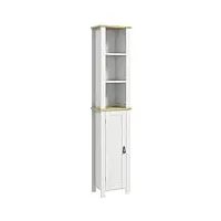kleankin meuble colonne de salle de bain armoire toilette haute placard à 3 niveaux étagères réglables porte en lambris poignées en similicuir 34 x 23 x 165 cm blanc