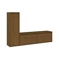 3x meubles tv en bois de pin massif maison intérieure chambre salon centre de divertissement meuble hifi meuble tv en bois étagère meuble blanc (marron miel)