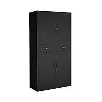 tectake armoire de rangement metal armoire de bureau avec serrure 4 portes battantes et 2 tiroirs verrouillables pour rangement dossier, 90 x 40 x 180 cm - noir