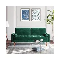 vesgantti canapé 3 places vert, canapé salon en tissu velours, 176cm style moderne scandinave pour appartement, chambre, bureau, canapé droit fixe avec 2 oreillers, pieds bois massif