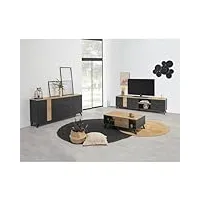altobuy naipa - pack salon meuble tv 181cm + table basse + buffet 3 portes effet chêne