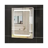 eugad armoire de salle de bain avec miroir, armoire de toilette miroir avec Éclairage et prise, meuble mural, luminosité réglable, antibuée, en verre et inox, 50x15x70 cm, argenté