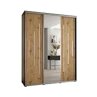 abiksmeble davos 13 200 armoire à trois portes coulissantes pour chambre à coucher - moderne armoire de rangement avec miroir, tringle et Étagères - 235,2 x 200 x 45 cm - noir artisan argent