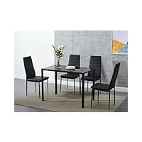 ensemble table salle à manger avec 4 chaises, siège rembourré simili cuir, table rectangulaire robuste avec plateau en verre trempé (noir)