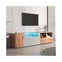 sogeshome meuble tv bas - meuble tv - style maison de campagne naturelle avec lumières led changeantes et plateau en verre avec compartiments et portes - 190 x 40 x 48 cm