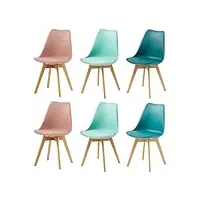 eggree lot de 6 chaise salle à manger scandinaves sgs tested, chaise rembourrée de cuisine, rétro chaise de bureau avec pieds en bois de hêtre massif, 2 rose + 2 turquoise + 2 vert menthe