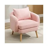 fauteuil de relaxation moderne en velours teddy avec accoudoirs et coussin, fauteuil à cocktail avec coussin extra épais et pieds en bois massif, rose