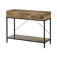 homcom table console, table d'entrée, bout de canapé, cadre en acier au carbone, montage facile, avec 3 tiroirs et 1 plateau aspect bois, design industriel, 100 x 35 x 76,5 cm, marron clair