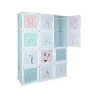 mul-boutique armoire de rangement enfant 12 cubes, meuble de rangement avec portes, meuble cube pour jouets, vêtements, chaussures (bleu,110 * 37 * 145cm)