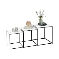 homcom lot de 3 tables basses carrées gigognes design - acier noir panneaux aspect marbre blanc 50/45/39,5 cm