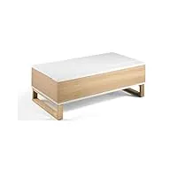 pegane table basse relevable en bois laqué blanc brillant/chêne - longueur 110 x profondeur 60 x hauteur 38 cm