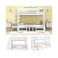 lit superposé peu encombrant avec escalier, avec table réglable, avec canapé en bois, structure en pin robuste, blanc (90x200cm & 120 * 200cm)