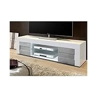 price factory just for you meuble tv 180cm, 2 portes, collection jet, coloris blanc laqué brillant et gris aspect béton