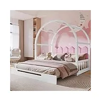 hainew lit d'enfant extensible 140 x 100 cm/140 x 200 cm avec toit bombé et tête de lit rose, lit de jour extensible, lit coulissant, lit double, lit en bois, pour fille, blanc, hnde30598485waa