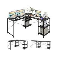 giantex bureau d'angle en forme de l, table d'ordinateur convertible avec 4 étagères et 3 trous pour câbles, bureau de jeux et d'écriture pour bureau à domicile noir, fe43795
