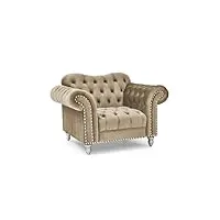 mobilier-deco rosalia - fauteuil chesterfield en velours beige pieds argentés