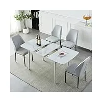 hyqng ensemble table et chaises de salle à manger 4, table à manger extensible, plateau de table rectangulaire en verre de 110 à 140 cm, table de cuisine blanche peu encombrante et chaises