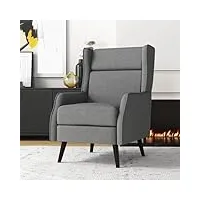 costway fauteuil salon scandinave, fauteuil à oreilles en tissu de lin, fauteuil de lecture à dossier haut, coussin amovible, pieds en bois d'hévéa massif, chaise d'appoint pour chambre (gris)