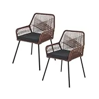 juskys ensemble de 2 chaises de jardin kastos en corde - chaise d'extérieur avec accoudoir et coussin - chaise de jardin supportant 150 kg - jardin, balcon - chaises marron