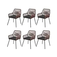 juskys ensemble de 6 chaises de jardin kastos en corde - chaise d'extérieur avec accoudoir et coussin - chaise de jardin supportant 150 kg - jardin, balcon - chaises marron