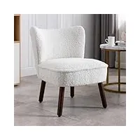 wahson fauteuils chambre fauteuil de salon confortable, fauteuil scandinave avec pied bois et siège Épais, fauteuil en fausse fourrure fauetuil bois pour salon et chambre, blanc