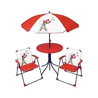 fun house 713592 jeux olympiques paris 2024 salon de jardin jo pour enfant avec une table h.46 x Ø46 cm, deux chaises h.53 x l.38,5 x p.37,5 cm et un parasol h.125 x Ø 100 cm, blanc rouge