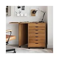 ikayaa caisson de bureau à roulettes avec tiroirs armoire roulante avec tiroirs et pliable bureau support pour imprimante meuble rangement bureau-marron miel-105,5 x 39 x 74,5 cm
