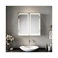 sirhona armoire miroir salle de bain avec miroir, armoire pharmacie miroir avec 3 couleurs de lumière réglables et anti-buée, armoire toilette miroir avec charnière aans fil, 59 x 60 x 14cm