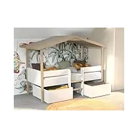 lit cabane mi-hauteur 90x190 sommier et tiroirs inclus kayla - bois et blanc