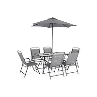 alice's garden - table de jardin avec 6 fauteuils pliants gris et un parasol 2m. anthracite. structure acier avec revêtement anti rouille