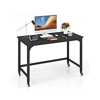 costway bureau d'ordinateur roulant 120 cm, bureau informatique mobile avec cadre en métal, table de travail pour salon, bureau, chambre, noir