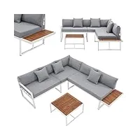 juskys mobilier de jardin lounge st. tropez - coin salon 4 personnes - ensemble avec table, canapé d'angle et coussins - meubles pour balcon et jardin - fauteuils de balcon en bois - blanc