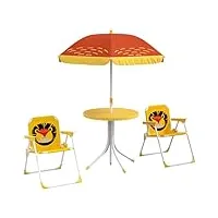 outsunny ensemble salon de jardin enfant, 4 pièces avec motif du lion, ensemble de table et 2 chaises de jardin, avec parasol réglable Ø 100 cm, chaise pliable, pour terrasse, balcon, plage, jaune