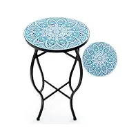 homasis table d'appoint de jardin 30 x 30 x 50 cm avec motif mosaïque, support pour plantes avec plateau rond en métal et carrelage, table de balcon stable pour jardin, balcon et salon, bleue