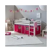 homestyle4u 2574 lit mezzanine pour enfant avec échelle, sommier à lattes et rideau blanc 90 x 200 cm en bois de pin rose