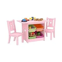enfants table et chaise set - bois massif et rose - table avec 4 boîtes de rangement, bureau enfant star design avec 2 chaises - ecologique…
