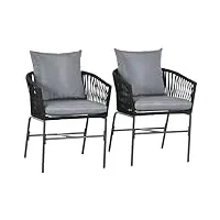 outsunny lot de 2 fauteuils d'extérieur chaises de jardin 2 places et métal et corde pe avec coussins, noir et gris foncé