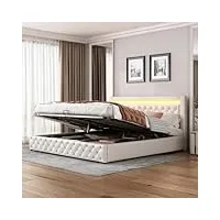 sunny living lit coffre 140×200 cm, lit rembourré avec rangement, avec led éclairage, avec sommier à lattes, pu, blanc