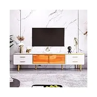 merax meuble tv bas avec 4 pieds, 4 tiroirs structurés avec poignées dorées et deux portes marron en verre trempé