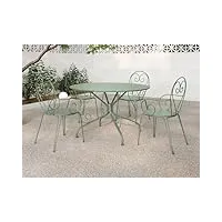 vente-unique - salle à manger de jardin en métal façon fer forgé : une table d.120cm et 4 fauteuils empilables - vert amande - guermantes de mylia
