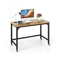 costway bureau d'ordinateur roulant 120 cm, bureau informatique mobile avec cadre en métal, table de travail pour salon, bureau, chambre, naturel