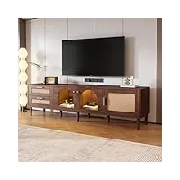 merax meuble tv de salon avec led - meuble tv bas - pour téléviseur de 80" - avec 2 tiroirs en rotin, 2 portes en verre bombées et 1 porte en rotin