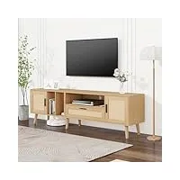 merax meuble tv bas pour téléviseur de 200 cm - avec décoration en rotin, 2 portes et 1 tiroir