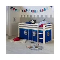 homestyle4u 2562 lit mezzanine, pour enfant, blanc, 90 x 200 cm, en bois de pin, bleu, lit de jeu, rideau, échelle, sommier à lattes