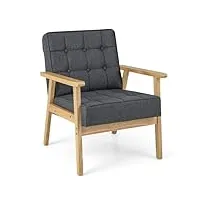 relax4life fauteuil salon rembourré avec accoudoirs en bois de caoutchouc dossier ergonomique à boutons capitonnés, fauteuil salon japonaise 68 x 63,5 x 78 cm pour chambre salle à manger(gris)