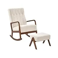 relax4life fauteuil à bascule avec accoudoirs en rotin, chaise berçante avec coussin rembourré d'Éponge et base arquées en bois massif, chaise à bascule(65x97x104cm | avec repose-pied,beige+marron)