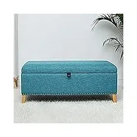 banc de rangement rectangulaire, banc de rangement rembourré en lin, banc d'extrémité de lit en bois massif avec rangement, bleu, 60 x 40 x 45 cm (24 x 16 x 18 pouces)
