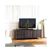 macabane gloria - meuble tv en manguier noir 2 portes 2 tiroirs sculptés