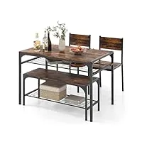 giantex lot de 4 tables de salle à manger rectangulaires avec 2 chaises, 1 banc, étagères, cadre en métal résistant, salle à manger, cuisine (marron rustique)